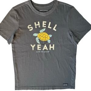 Life is Good Turtle Pix Shell Yeah T-Shirt Men M  Short Sleeve 100% Cotton Gray